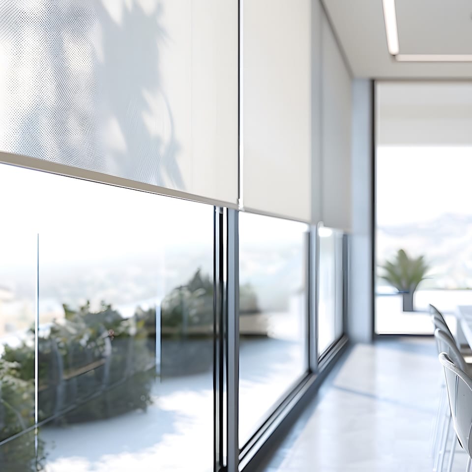 Interior roller blinds are installed in the living room, featuring white colored roller shades on the windows. Within the same room, there are also a houseplant and a sofa present.