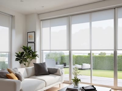 Roller blinds positioned within the indoor space. White roller shades covering the windows within the living area. A houseplant and a couch are present in the room. Motorized curtains integrated into